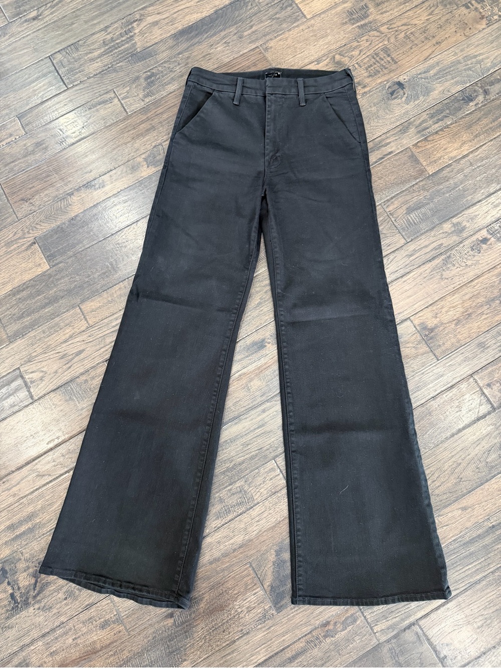 Mother The Roller Prep Heel Jeans 29 Pitch Black High Rise Wide Leg Flare